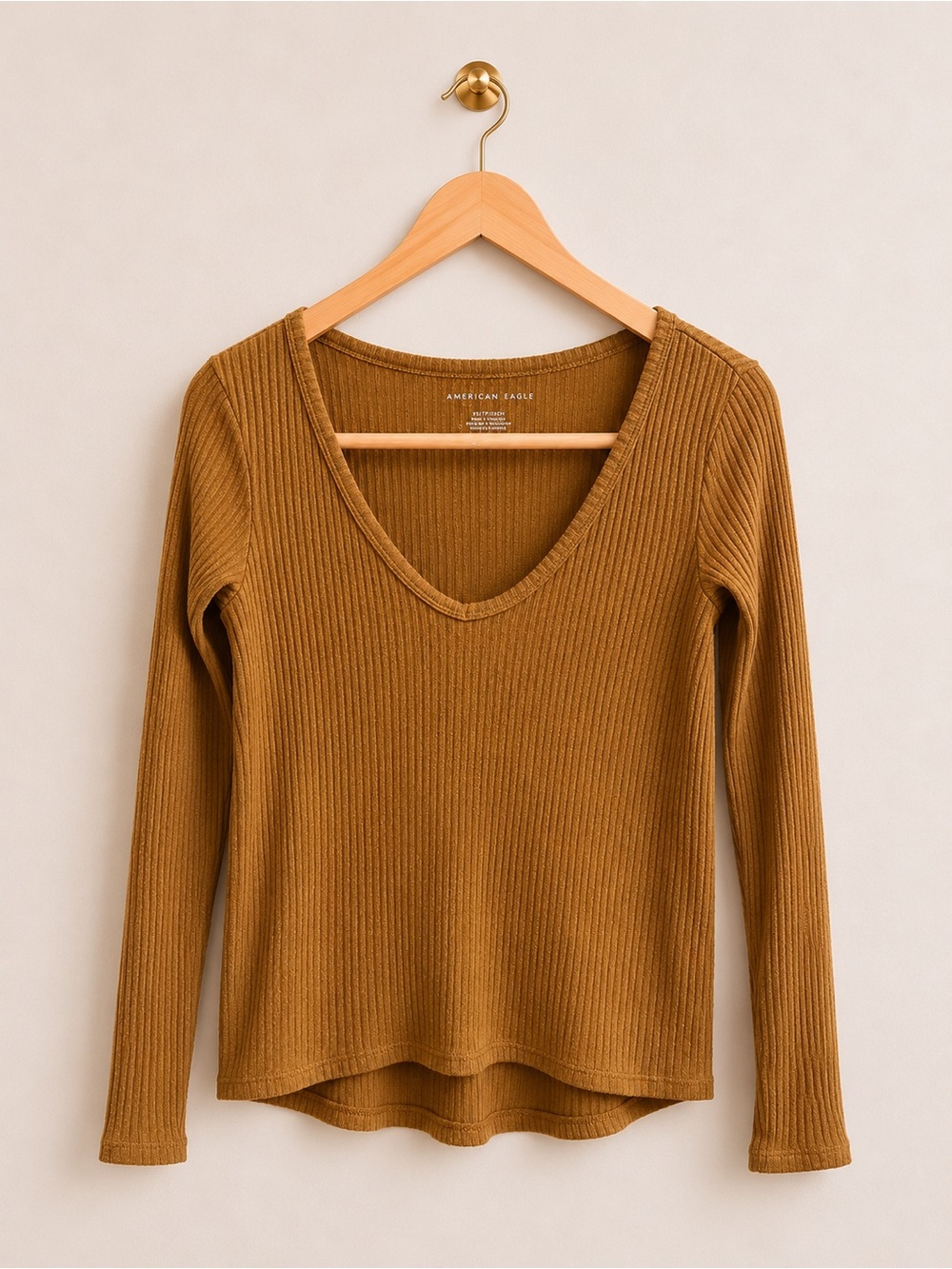 American Eagle Ribbed Long Sleeve Top XS Brown Stretch Knit
